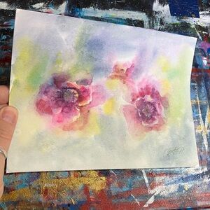 Original painting Poppies in sun watercolor floral cottage core wall decor USA